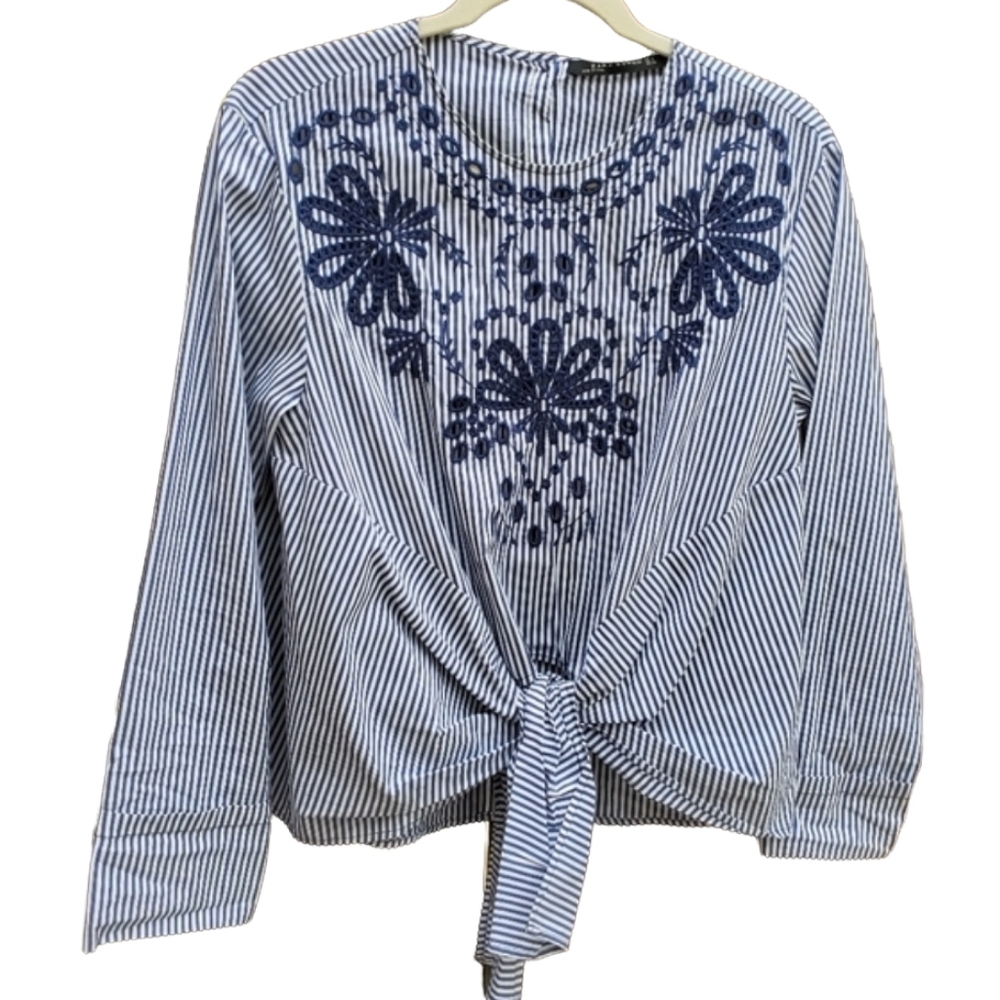 ZARA Striped Tie Front Blouse S Long Sleeve Shirt Floral Nautical Boho Top - Picture 8 of 8